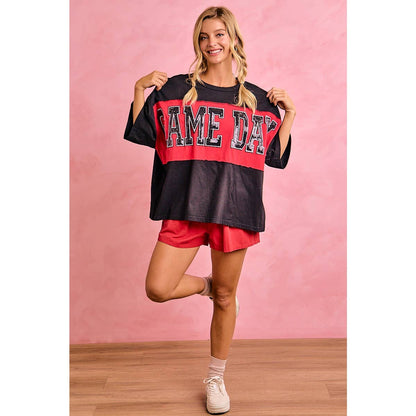 WOMENS GAMEDAY COLORBLOCK APPLIQUE RELAXED FIT SHIRT