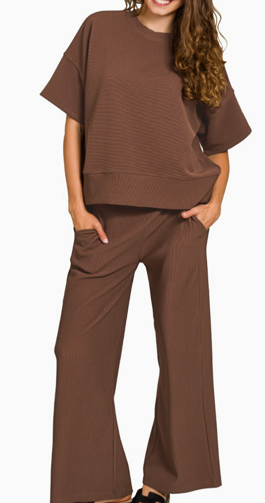 Zenana Ribbed Tee & Pant Set